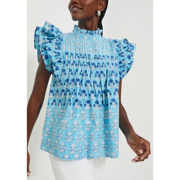 OLIPHANT Laguna Blue Pintuck Ruffle Blouse Top Cotton Block Print Tuckernuck NEW - Picture 1 of 7